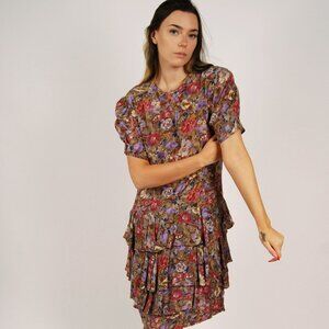 80s Ruffle Dress (L) large floral vintage tiered secretary geek indie twee midi
